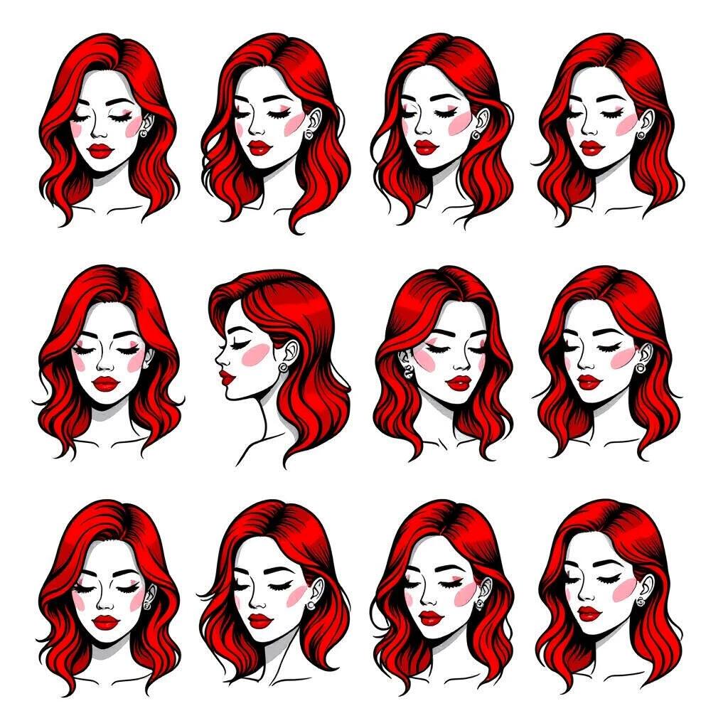 Flash Tattoo Sheet featuring various styled portraits of red-haired women. Focuses on thick black lines and a minimalist aesthetic. Designs capture a range of emotional expressions.