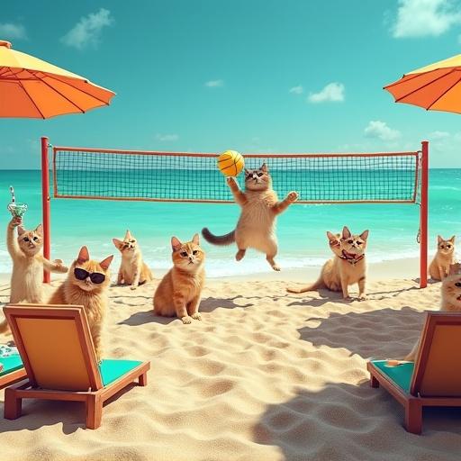 Hyper-realistic beach scene with turquoise waters and golden sands. Numerous cats and kittens relaxing and playing. Beach volleyball with cats spiking a ball. Cats swimming in clear waters with floaties and diving. Sunglass-wearing felines in lounge chairs sipping drinks. Kittens building sandcastles and playing games. Ultra-detailed textures like sand grains sunlight and fur patterns.