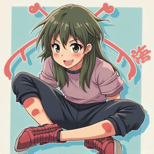 A playful anime character with green hair sitting cross-legged. They wear a casual outfit and have a cheerful expression. The background features playful motifs.