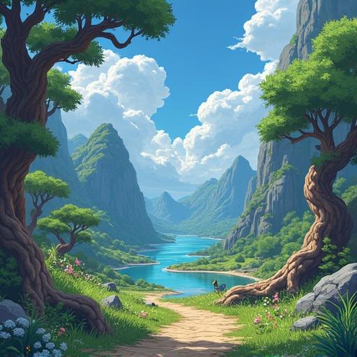 A gameplay scenario featuring RPG elements reminiscent of GBA Pokemon or Legend of Zelda. Envision a vibrant landscape with dragons, dungeons, and a post-apocalyptic world. The scene includes a river flowing through mountains surrounded by lush trees.