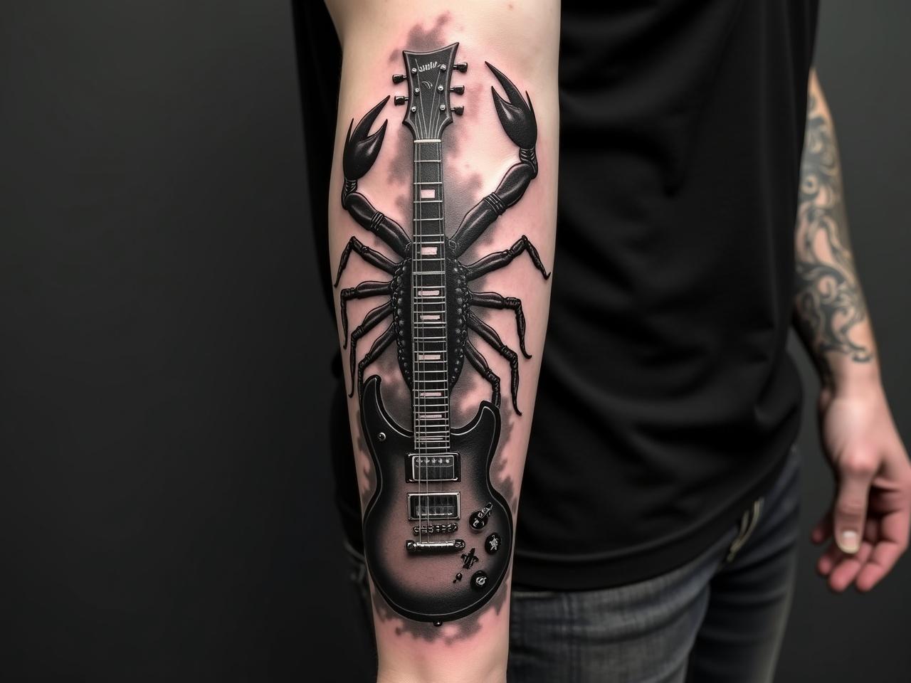 This image features a tattoo on a person's arm. The tattoo showcases a realistic scorpion intertwined with an electric guitar. The scorpion is prominently displayed in black ink, with details highlighting its features. The guitar also has intricate markings, including a star design. The background has a smoky effect that enhances the overall aesthetic of the tattoo. The contrast between the black and grey tones creates a striking visual.