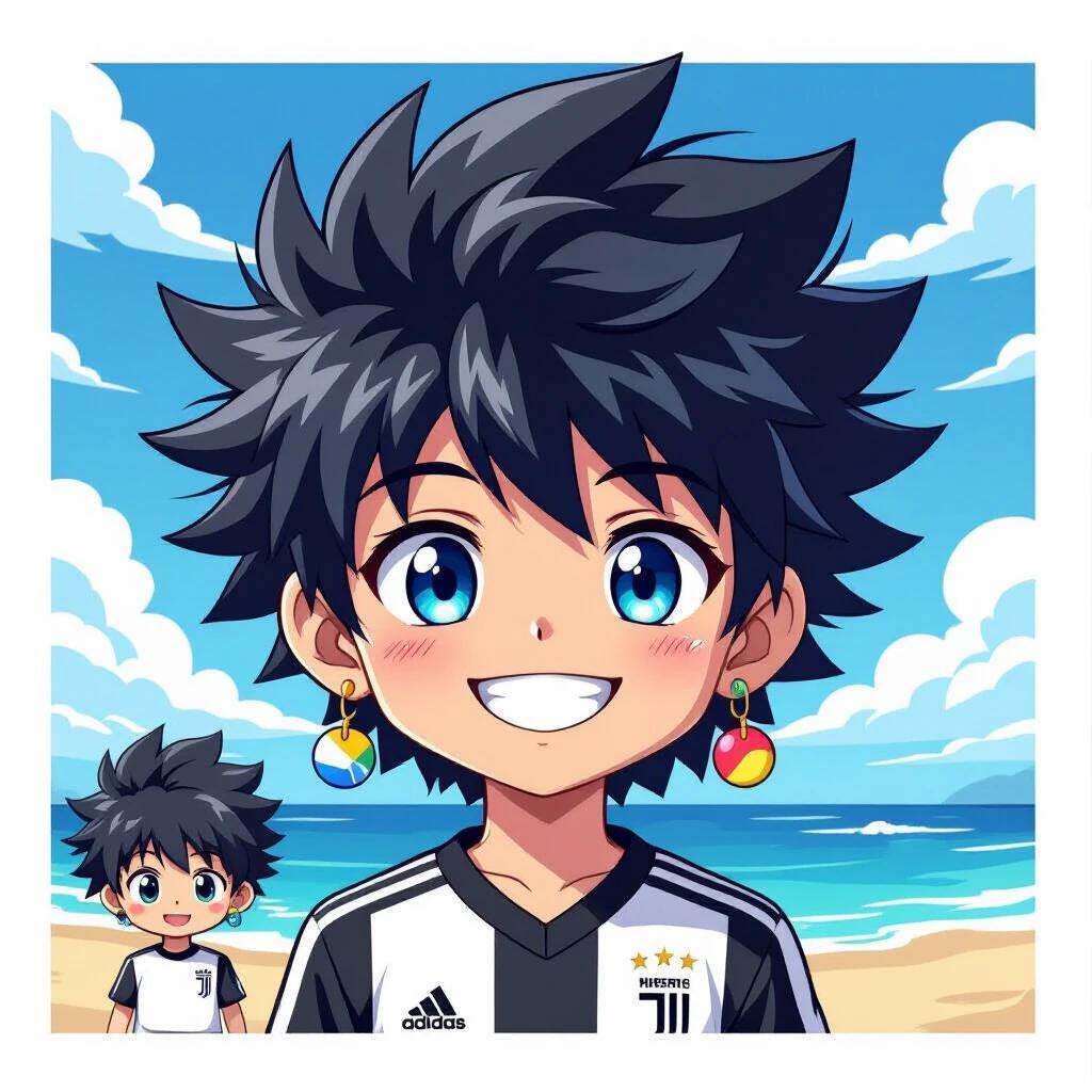 A lively 13-year-old boy with spiky hair wearing a Juventus jersey. Character has bright blue eyes and colorful earrings. The background displays a blue sky and sea. The logo design emphasizes clean and modern vector art style.