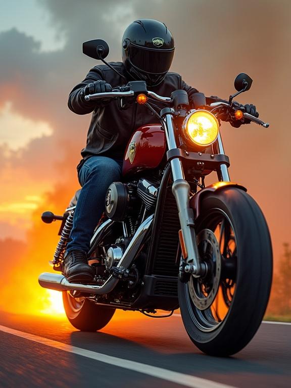 Motorcycle moves quickly with spinning tires and blazing exhaust in vibrant sunset.