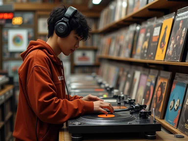 Young person DJs in a local record store. Wearing DJ headphones. Surrounded by vinyl records. Engaged in playing music on turntables. Enjoying the atmosphere of music.