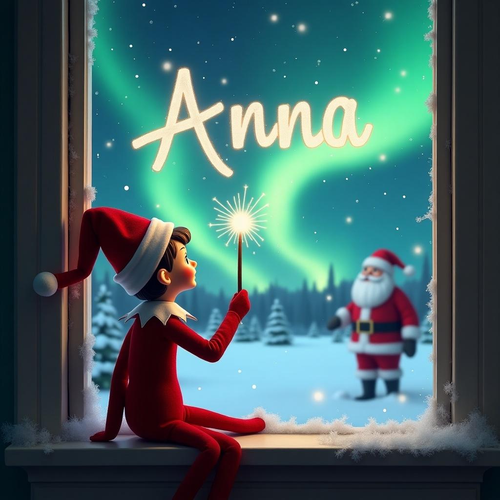 The image depicts an enchanting Christmas scene. An elf on the shelf sits on a windowsill, facing the outdoors. With a magical wand, the elf is writing the name 'Anna' in the sky. The background features a beautiful display of northern lights. Santa Claus is seen in the distance, adding to the holiday spirit.