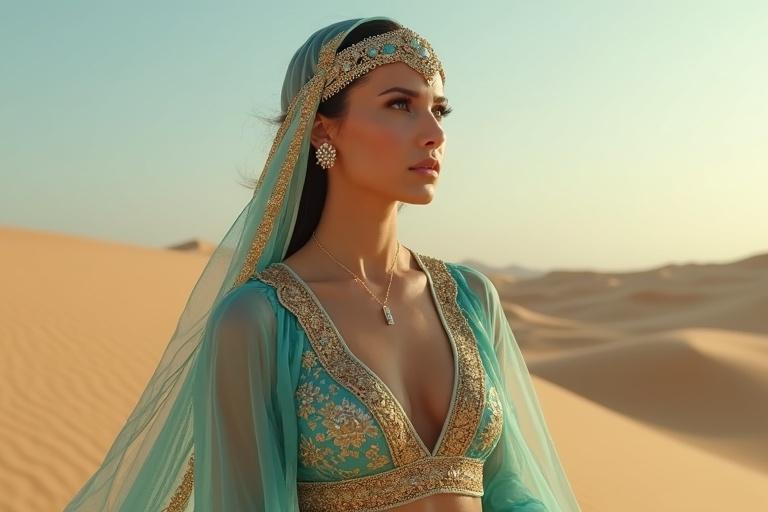 Medium close-up of a princess gazing over desert dunes. She wears a turquoise Arabian princess outfit. The outfit features ornate gold embroidery, sequins, and sheer overlay pants with floral patterns. The top has a deep V-neckline with gold trim. She has a jeweled headpiece. Her intense gaze is directed at the horizon. Wind lifts her sheer pants and veil.