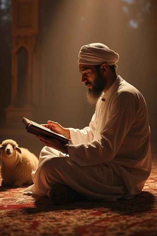 Moroccan sheikh reading a Quranic tablet on the ground. A small sheep sits beside. Dazzling lighting creates a cinematic atmosphere.