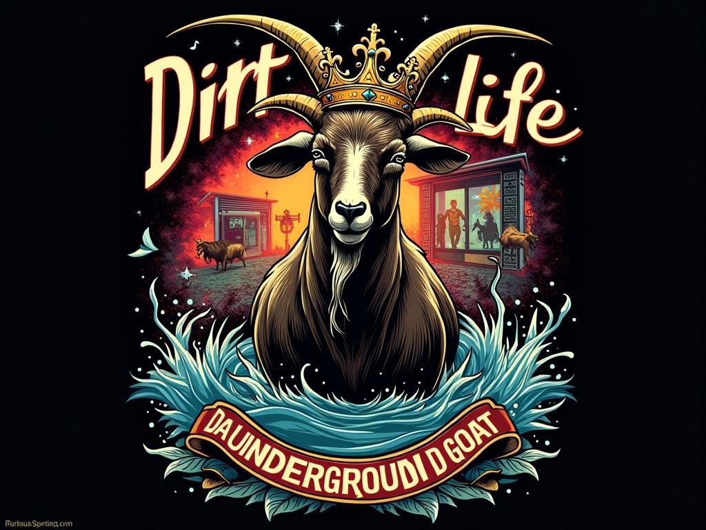 The image features a goat emerging from the underground with a regal crown atop its head, symbolizing the 'underground goat' theme. The background has a rich and vibrant New Orleans feel, infused with elements like jazz motifs and colorful street art. The goat stands confidently, embodying strength and resilience, characteristic of the culture. Bold text reading 'Dirt Life' and 'Da Underground Goat' is integrated into the design, reflecting its urban vibe. The overall color palette is dark with splashes of lively colors, making the design eye-catching. This will be a perfect shirt design that captures the spirit of both the underground scene and New Orleans.