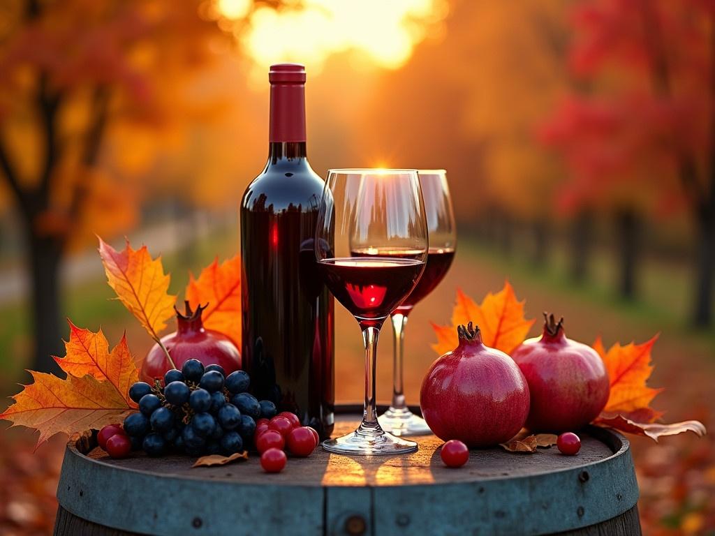 Glasses of red wine rest on an old barrel surrounded by autumn leaves. The setting sun casts a warm glow, enhancing the rich colors of the scene. A bottle of red wine stands confidently beside the glasses. Nearby, clusters of dark grapes and bright pomegranates add a fresh touch. The vibrant reds, oranges, and yellows of fall foliage create a beautiful backdrop. This tranquil setting invites relaxation and enjoyment. Nature's beauty complements the wines, setting the perfect mood for a leisurely evening.