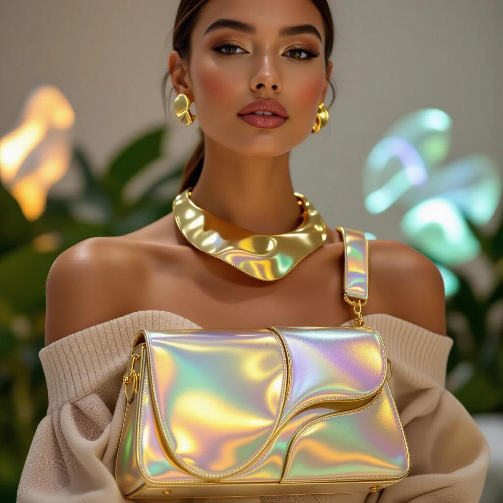 Close-up view of a shoulder and neck adornment. Person wears a sculptural gold necklace. Handbag has structured design with warm iridescent finish. Accessories include matching earrings with glowing edges. Background features gallery with plants and digital holograms. Scene evokes interplay of organic curves and technology.