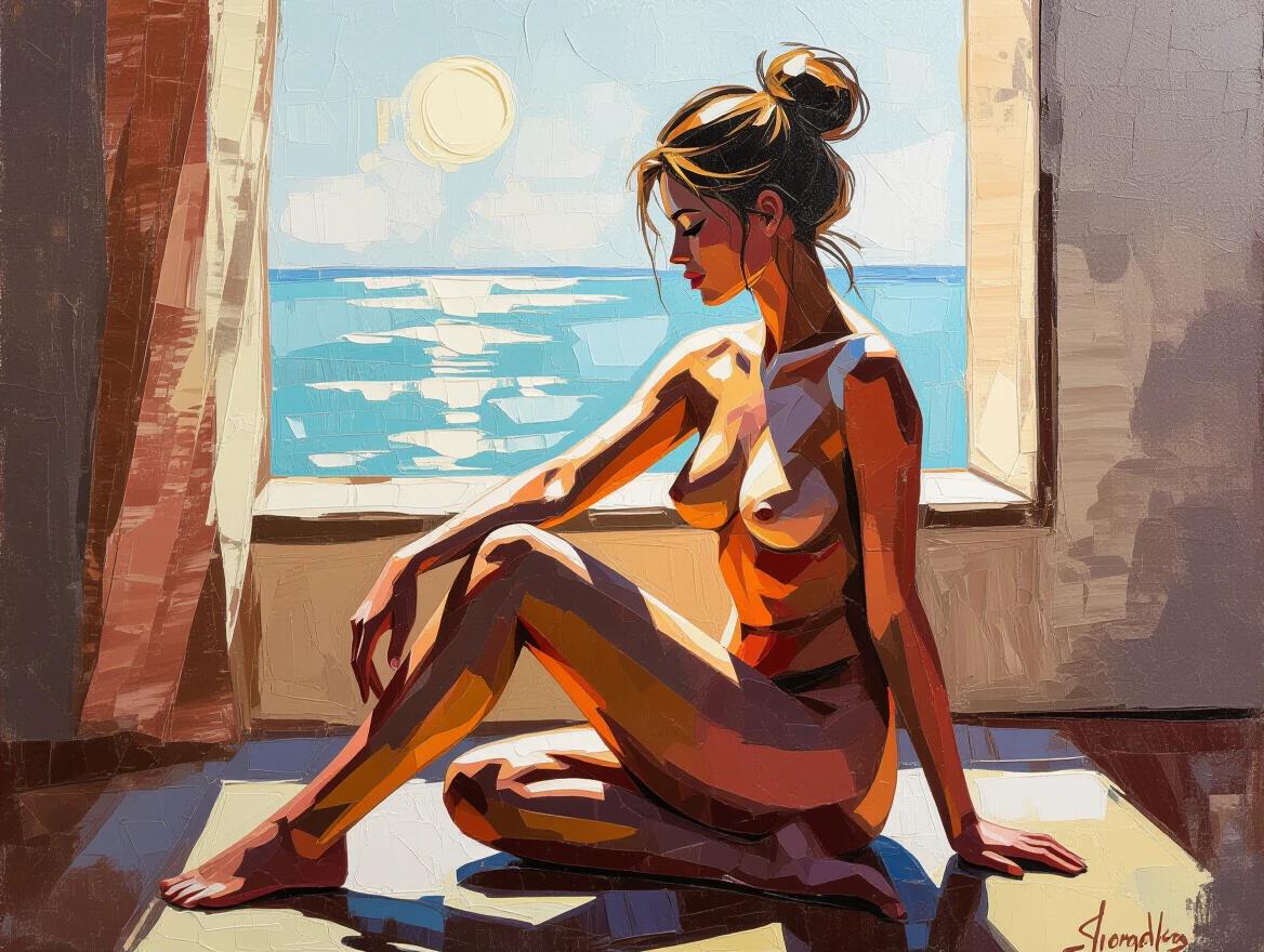 Highly textured encaustic impasto painting depicts a nude model sitting on her knees in the morning. Thick brushstrokes create three-dimensional relief. The scene includes a window view of the water and sunlight.
