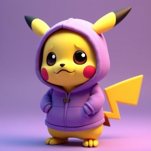 Sad Pikachu character wears a purple hoodie in a 3D render. The character has big eyes and a frown, conveying a sad expression. The background is soft purple shading to complement the character's hoodie.