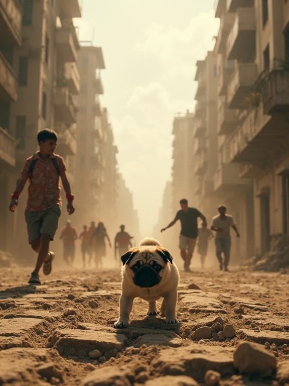 A post-apocalyptic city appears with crumbling buildings. Dust clouds rise as people run fearfully. A small pug rushes towards a vulnerable baby among fractured streets. The scene conveys emotions of hope amidst chaos.