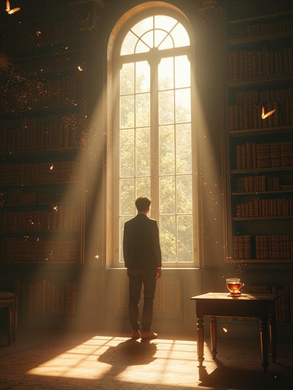 A solitary figure stands in a vintage library. Sunlight streams through a tall window. Light particles crystallize into glowing geometric structures. Old books float mid-air, transforming into butterflies. A cup of tea swirls like a nebula. The figure looks towards the window with a serene expression. Composition uses rule of thirds. Soft warm lighting highlights textures. The scene is tranquil and mysterious.