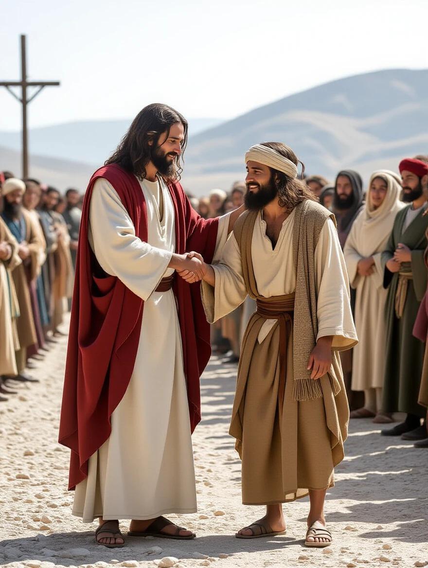 Jesus reaches down and offers his hand to a beggar, helping him up. The beggar embraces Jesus and transforms into a handsome, well-dressed man.