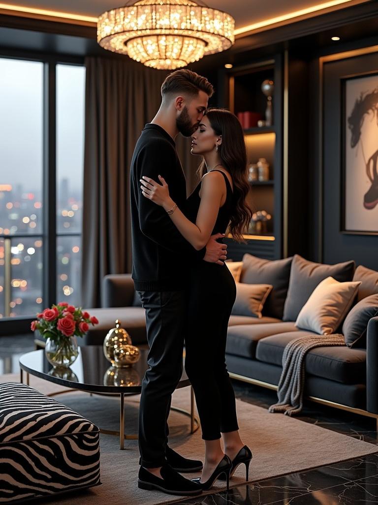 A couple stands close together in a luxurious living room. The woman wears an elegant black dress. The man is dressed in a casual outfit. The room features a stunning Art Deco design with a zebra color scheme. A large chandelier hangs from the ceiling. The space has plush furniture and abstract art. City lights twinkle outside the large windows. The scene is romantic and intimate.