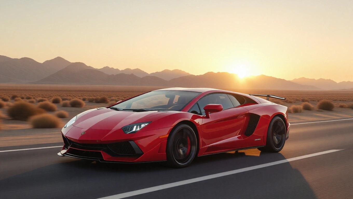 Realistic image of a red Lamborghini driving on a desert road. The scene is set during sunset. The golden hour enhances the colors and provides a striking backdrop.