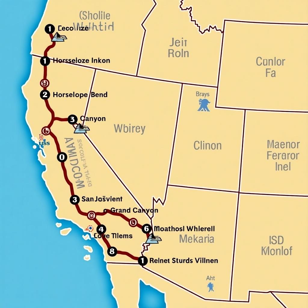 This image is a comprehensive road map of a stunning journey through the southwestern United States. It starts and finishes in Las Vegas, featuring major stops like Zion Park and Bryce Canyon. Essential highlights include Antelope Canyon, Horseshoe Bend, and the Grand Canyon. The route navigates through scenic areas such as Monument Valley and Seligman. It encapsulates adventures in iconic locations like Death Valley and Yosemite Park, along with visits to major cities like San Francisco and Los Angeles. This map depicts a perfect combination of natural beauty and outdoor exploration.