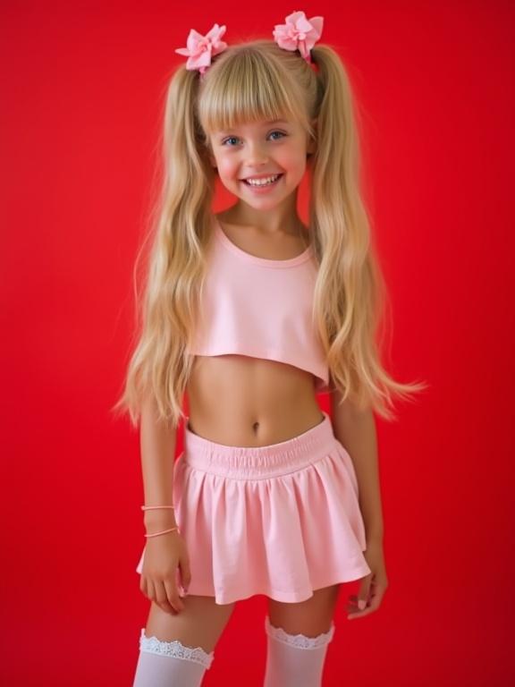 Young girl in playful style. Bright red background frames photo. Wearing a pink crop top and matching micro-skirt. Long blonde hair styled in twin tails. Accompanied by pink bows. She is smiling playfully. Thigh-high socks with lace and simple black shoes included.