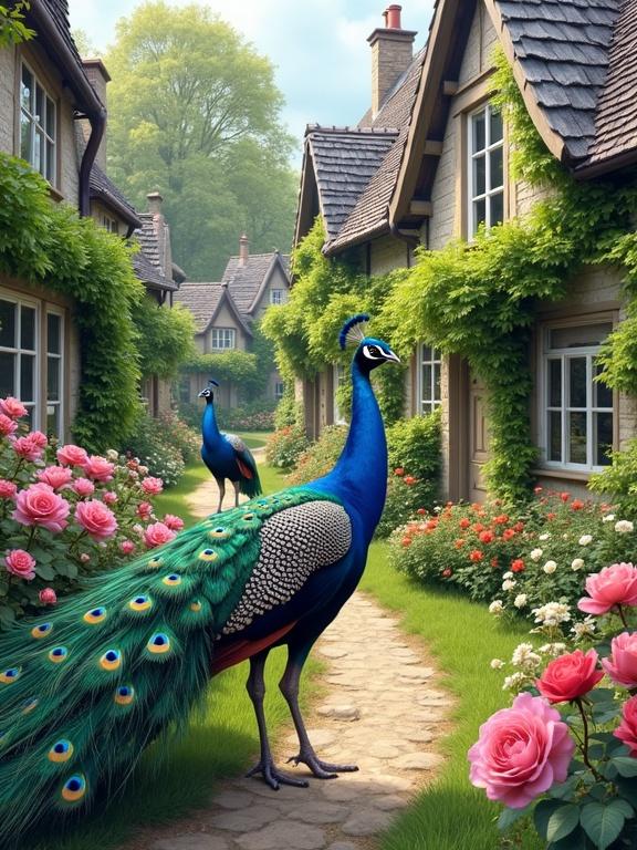 Idyllic village scene with two peacocks. One peacock displays its tail feathers in colors of blue and green. Path lined with flowers. Quaint cottages in the background with ivy.