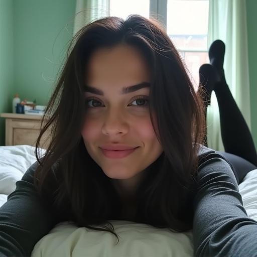 iPhone selfie of a woman with dark hair lying on a bed. She has her face toward the camera. She wears dark leggings and a long-sleeved shirt. The room has mint-green walls and light-colored curtains. Natural light enters the room. A relaxed atmosphere is present with objects in the background like a water bottle and shelf items.