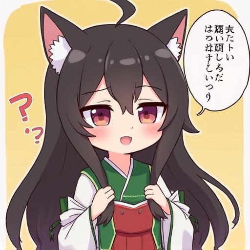 Character with cat ears in traditional clothing stands with a curious expression.