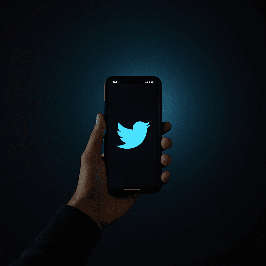 A hand holding a smartphone displaying the Twitter logo against a dark background.