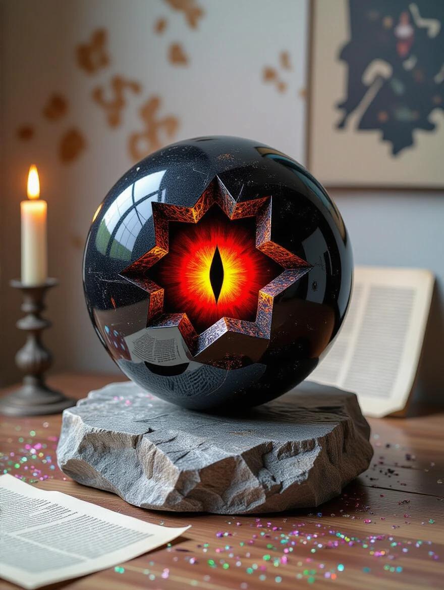 A black palantir orb on a stone table. Inside is a red eye of Sauron. Ornate details and textures. Surrounding elements include jute fibres, wood, and sparkles. Mixed media format with depth and surface feel.