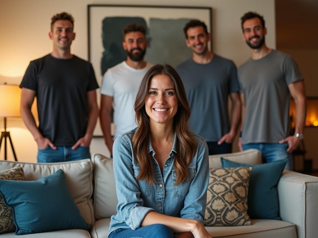 A confident woman smiles while sitting on a couch in a warmly lit living room. Behind her, four men stand casually in gray and white t-shirts. The room has a cozy and inviting feel, with decorative cushions on the couch. The contrast between the woman's warm smile and the men's relaxed demeanor creates a sense of togetherness. The background features soft, neutral tones, adding to the modern aesthetic of the space.