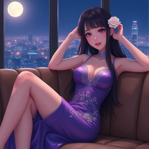 A semi-anime woman has long dark violet hair. She wears a glossy violet cheongsam-style dress with embroidery. She reclines on a brown leather sofa. One arm rests behind her head. The other hand is on her thigh. There is a white rose in her hair. The background shows a night city skyline and a full moon. The image has soft lighting and a romantic feel.