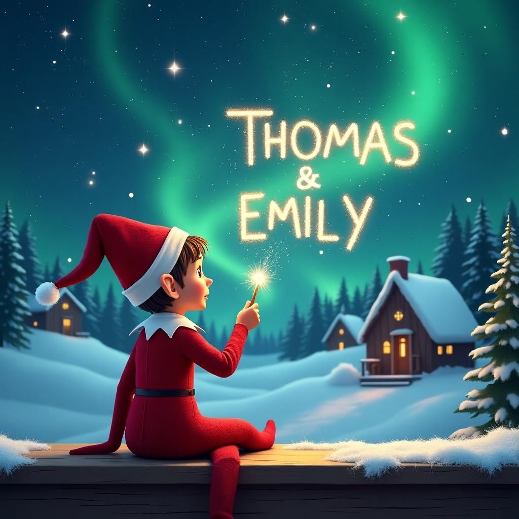 An elf sits on a wooden ledge, gazing up at a magical sky filled with shimmering Northern Lights. Dressed in a vibrant red outfit and a pointed hat, the elf holds a sparkling wand. With grace, the elf writes 'Thomas' and 'Emily' in the starry sky. The scene captures a charming snowy landscape, dotted with cozy little houses and evergreen trees. This delightful imagery evokes the essence of childhood wonder and Christmas spirit.