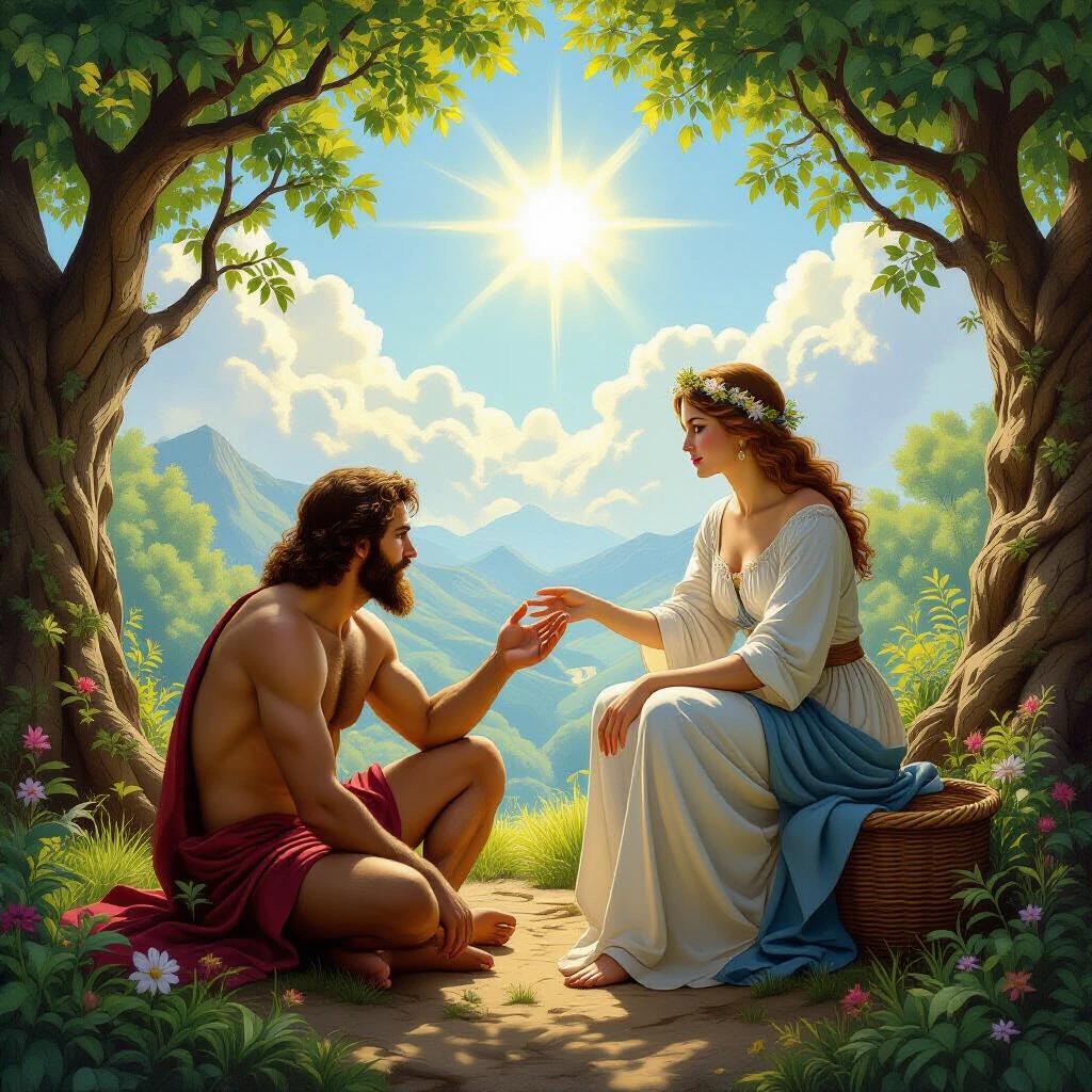 A hyper-realistic depiction of Adam and Eve in the Garden of Eden. Adam created from dust. Eve created from Adam's rib. Surrounded by lush greenery and flowering plants. Scene illuminated by sunlight. Dramatic lighting enhances tranquillity and beauty of paradise.
