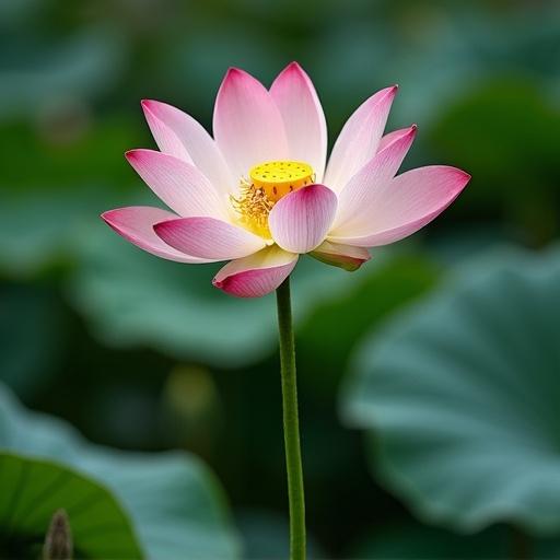 Lotus flower with delicate petals. Green leaves surrounding flower. Soft colors with details in bloom.