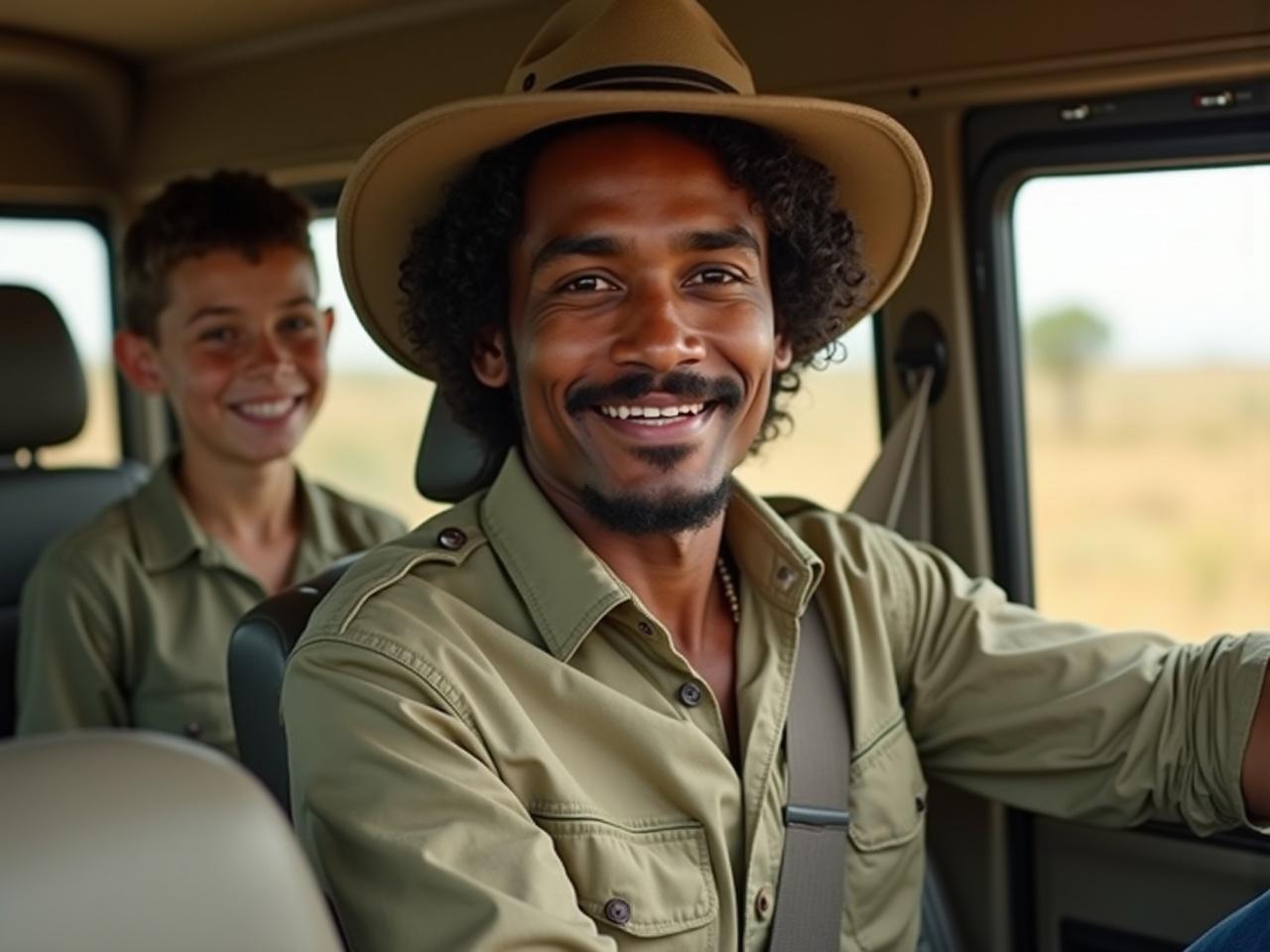 The image captures a joyful moment inside a safari vehicle. A smiling guide, wearing a wide-brimmed hat and khaki safari shirt, sits at the front while a young, cheerful passenger sits behind him. The background suggests a safari setting, with soft natural lighting illuminating their expressions.