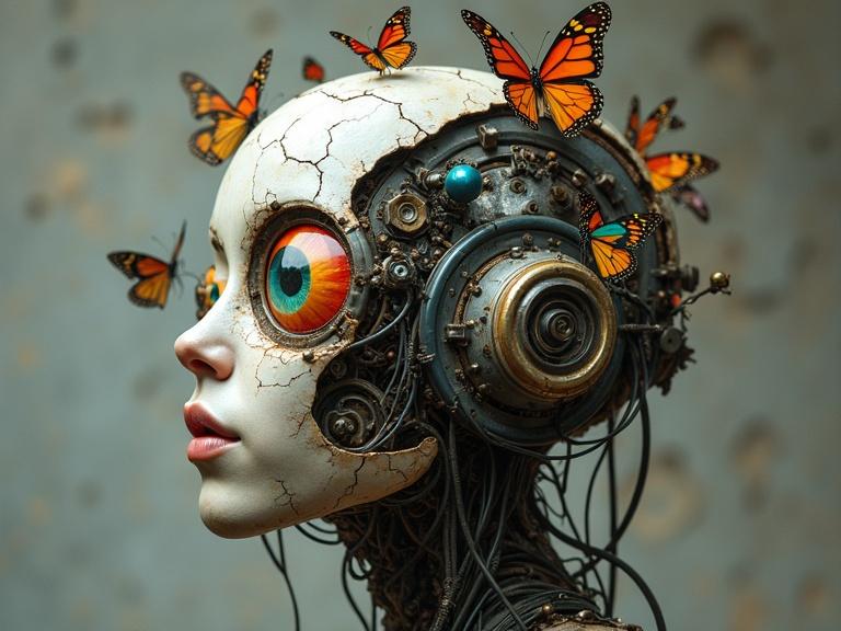 Surreal figure with biomechanical elements. Face is partially mechanical. Skin appears cracked and weathered. Large vibrant mechanical eye. Wires and tubes visible. Butterflies are present on the head. Background is textured grey.
