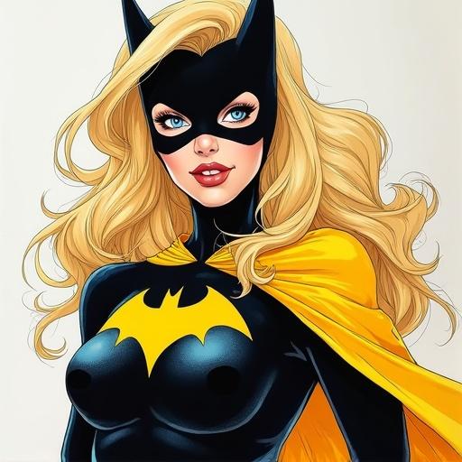 Illustration of Batgirl character resembling Frank Miller style. Blonde hair flows dynamically. Costume features black and yellow colors. Character stands confidently with cape. Art should evoke superhero themes.