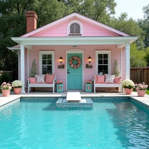 Bright sunny day with a cozy light pink cottage and swimming pool. Features light aqua door with floral wreath. Flower pots with pink roses and white hydrangeas. White front porch swing with cushions. Bright lights in windows add charm to the scene.
