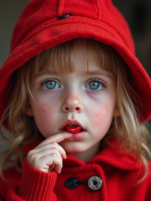 Close-up of a beautiful blonde girl with large blue eyes and long lashes. She has plump red lips and is playfully sticking her tongue out while touching her mouth with one finger.