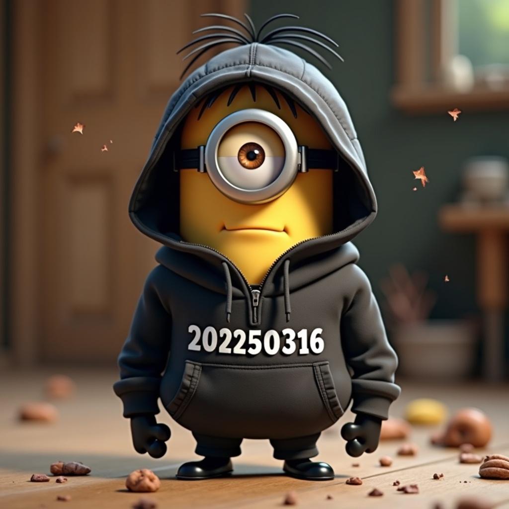 An animated character resembling a Minion from popular media is dressed in a dark hoody with the words '20250316' on the front. The character has a single eye and quirky hair. The background is slightly blurred with earthy tones and scattered elements.