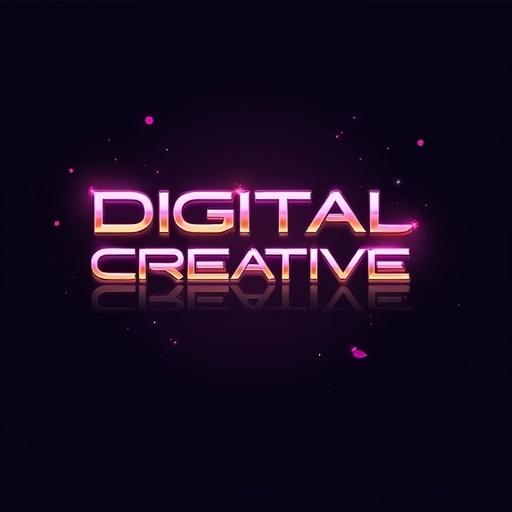 Logo design for digital creative. High tech font. Colors include purple gold black and white. Bold and glowing letters. Vibrant and neon design. Geometric elements included. Soft gradients create a glowing 3D effect. Metallic logo with pulsing light. Polished chrome edge reflecting advanced creativity.