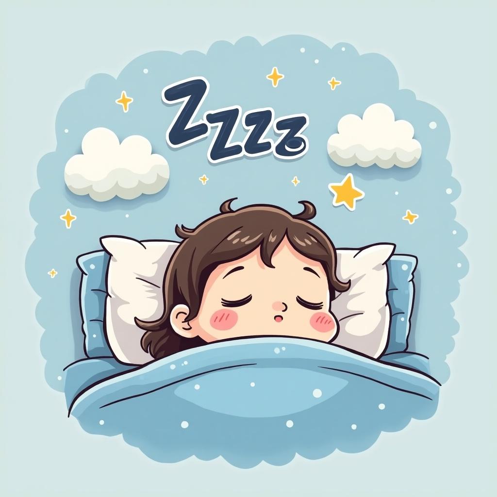 A cartoon illustration of a sleeping child. The child has brown hair and is lying peacefully in bed with pillows. Soft clouds and stars surround the scene. The letters 'Zzzz' float above the child.