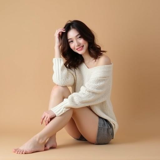 Photograph of a young woman sitting on the floor against a plain beige background. She wears a loose, off-the-shoulder white knit sweater. Right leg bent and crossed over left leg. Looks at the camera with a slight smile. Right hand touches hair and left arm rests on knee. She is barefoot. Soft and even lighting. Camera at eye level focusing on her face with a blurred background. Composition follows rule of thirds.