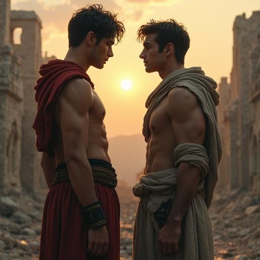 Two young attractive men stand in a ruined city. One has slanted eyes; the other has brown eyes. The setting sun creates a warm backdrop. Desire burns between them.