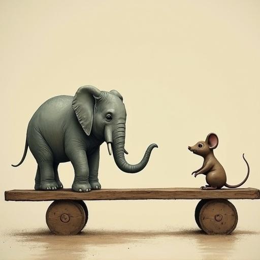 An elephant stands on a seesaw opposite a small mouse. The background is a light beige color. The elephant is gray and large. The mouse is brown and small. Both characters are playful.
