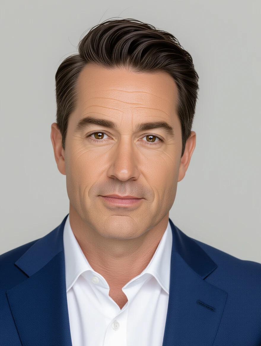 A man wears a blue suit. Background is neutral color. Shot in low key style. Professional setting. Suitable for business use.
