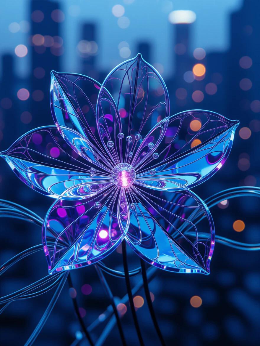 Macro photograph of an iridescent flower made of electrical wire. Clear plastic petals and transparent petals create a hyper-detailed look. Set against a futuristic dystopian city in the dark night with purple and blue lights. A masterful composition showcasing a fantasy art style.