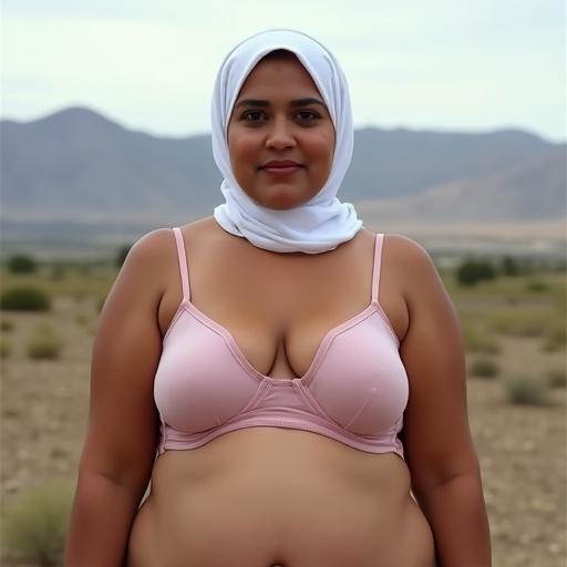 Generate a long vertical image of an overweight countryside shirtless Moroccan 30-year-old mother facing forward. Her expression is neutral and her gaze is directed towards the viewer. Image shows significant bilateral macromastia creating a prominent cleavage. Abdomen extends below the navel. She wears a white headscarf and light pink brasserie. Framing includes full face and down to below navel. Lighting is even and diffused with mountains and plains in the background. Style is clinical and illustrative.