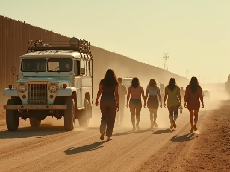 Realistic photo capturing women walking toward 4x4 truck. Dusty border wall looms in the background. Faded vehicles line the road. Harsh sunlight casts long shadows creating tense atmosphere.