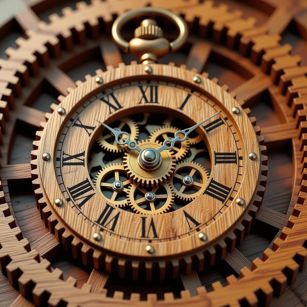 Wooden pocket watch with intricate gears and cogs. The surface has aged wooden texture with detailed craftsmanship. The design is circular with Roman numerals.