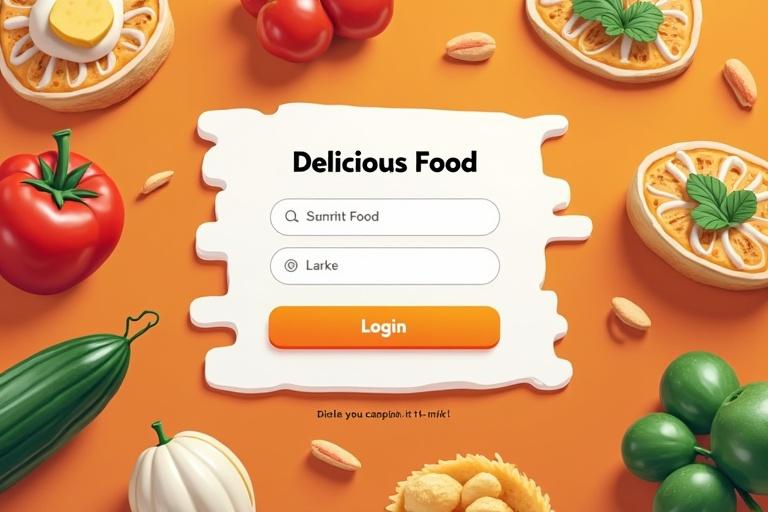 Design of a colorful login page titled Delicious Food. The page features two input fields for usernames. Various food items like vegetables and fruits surround the interface. A bright orange background adds vibrancy.